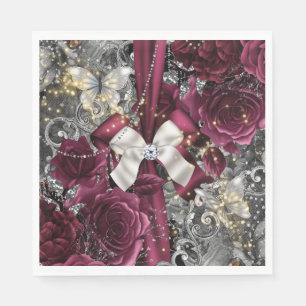 Burgundy silver butterfly rose shabby vintage napkin