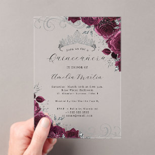 Burgundy Silver Clear Acrylic Floral Quinceanera  Acrylic Invitations