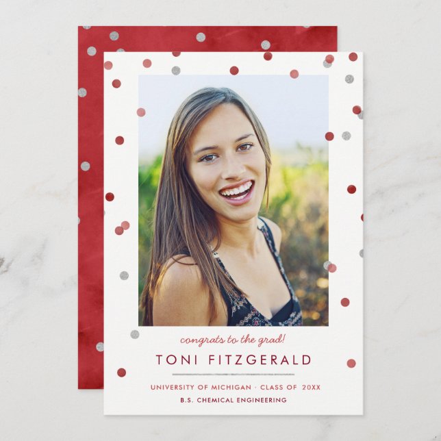 Burgundy & Silver Confetti Photo Graduation Invitation (Front/Back)