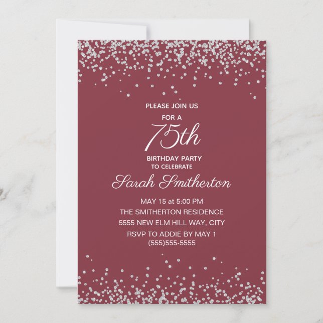 Burgundy Silver Diamond Glitter 75th Birthday Invitation (Front)