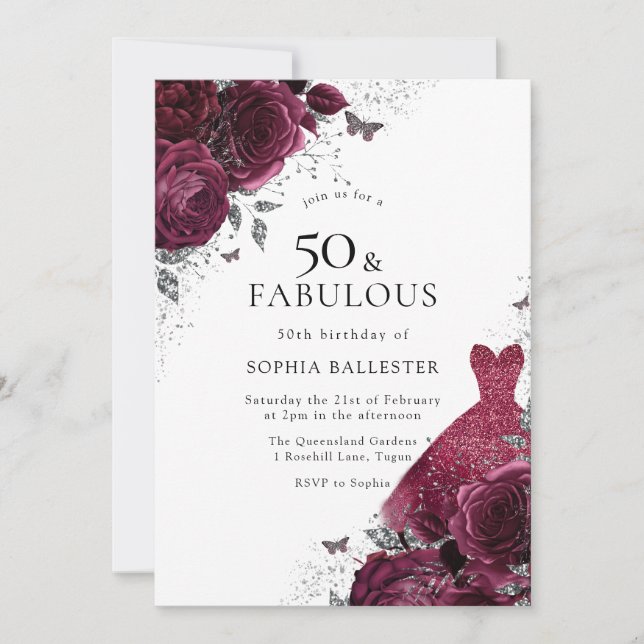 Burgundy & Silver Dress Floral Roses 50th Birthday Invitation (Front)