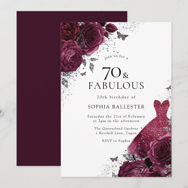 Burgundy & Silver Dress Floral Roses 70th Birthday Invitation (Front/Back)