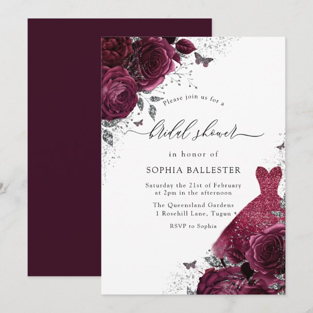 Burgundy Silver Dress & Floral Roses Bridal Shower Invitation (Front/Back)