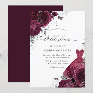 Burgundy Silver Dress & Floral Roses Bridal Shower Invitation