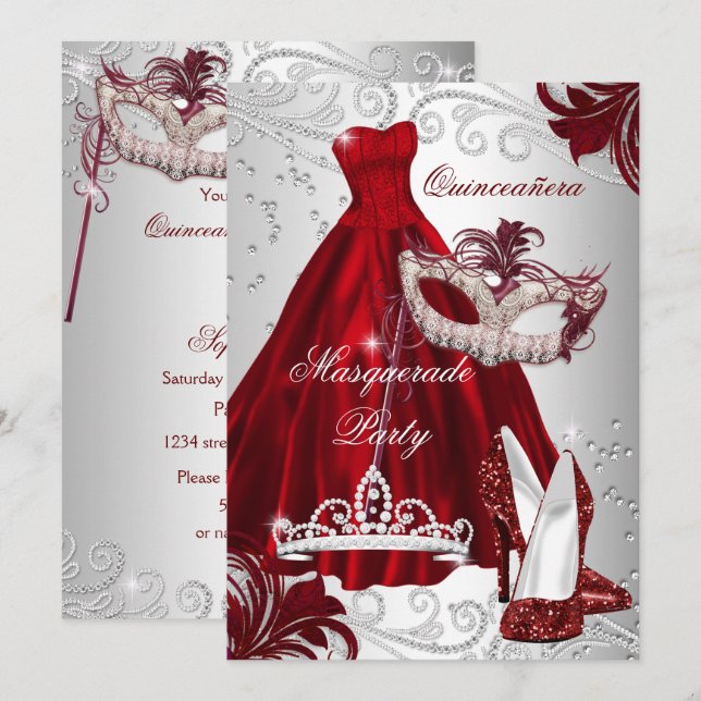 Burgundy Silver Dress masquerade Quinceanera mask Invitation (Front/Back)