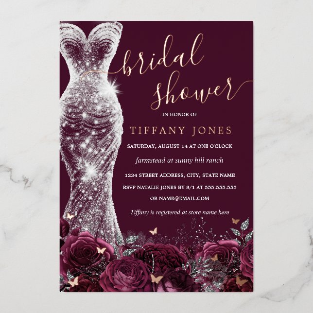 Burgundy Silver Dress Rose Gold Bridal Shower  (Front)