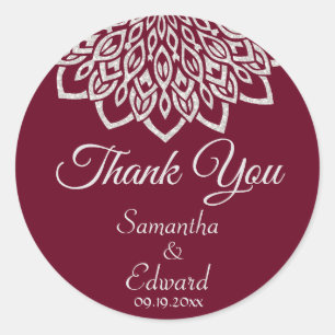 Burgundy Silver Elegant Mandala Wedding Classic Round Sticker