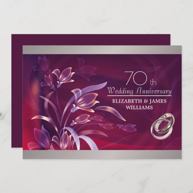 Burgundy Silver Floral 70th Wedding Anniversary  Invitation (Front/Back)