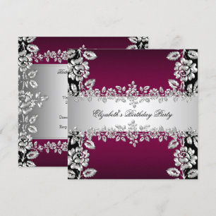 Burgundy Silver Floral Black Birthday Party Invitation