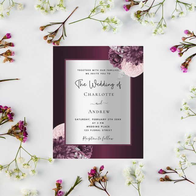 Burgundy silver floral budget wedding invitation flyer (Creator Uploaded)