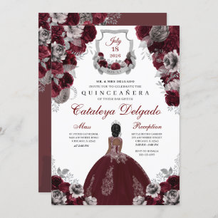 Burgundy & Silver Floral Elegant Quinceañera Invitation