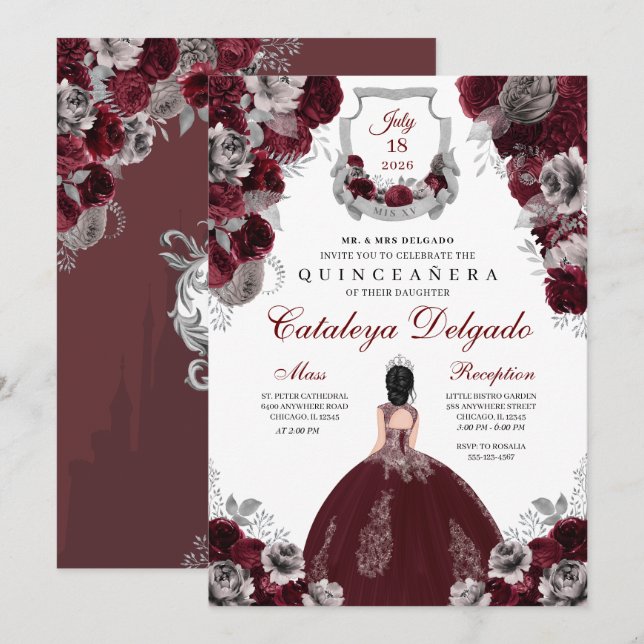 Burgundy & Silver Floral Elegant Quinceañera Invitation (Front/Back)
