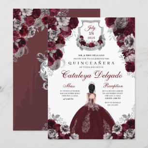 Burgundy & Silver Floral Elegant Quinceañera Invitation
