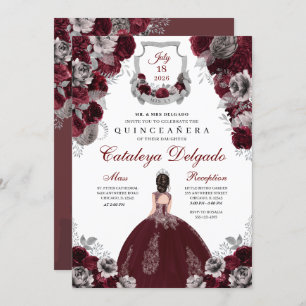 Burgundy & Silver Floral Elegant Quinceañera Invitation