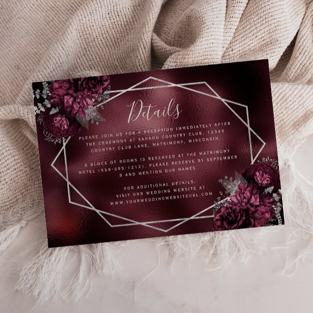 Burgundy Silver Floral Frame Wedding Details Enclosure Card (Creator Uploaded)