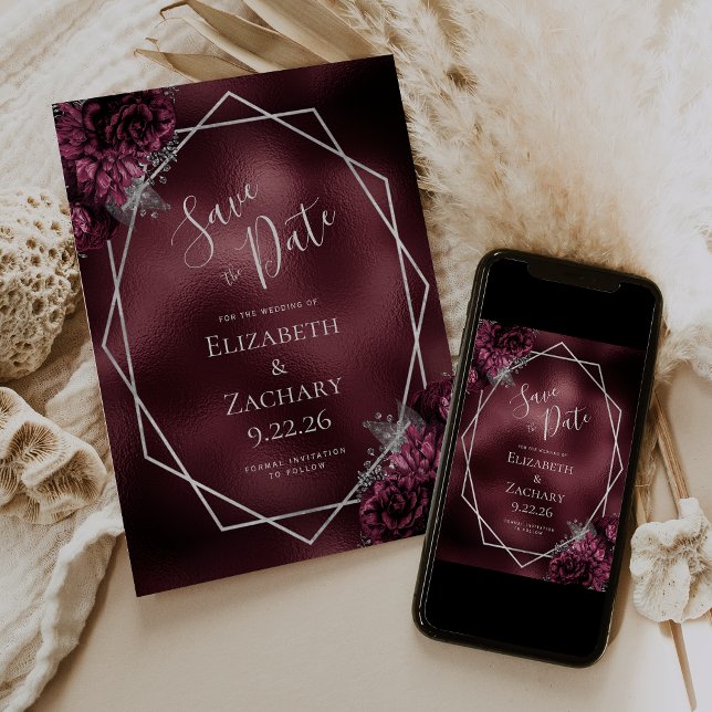 Burgundy Silver Floral Geometric Save the Date (Creator Uploaded)