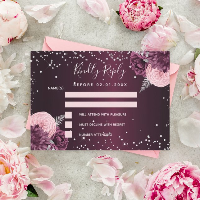 Burgundy silver floral glitter wedding RSVP Card (Creator Uploaded)