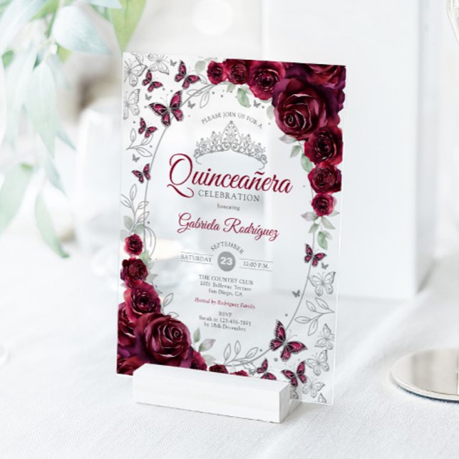Burgundy Silver Floral Quinceanera Acrylic Invitations (Creator Uploaded)