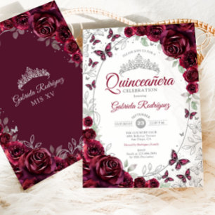 Burgundy Silver Floral Quinceanera Invitation