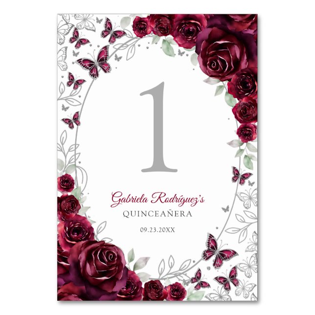 Burgundy Silver Floral Quinceanera Table Number (Front)
