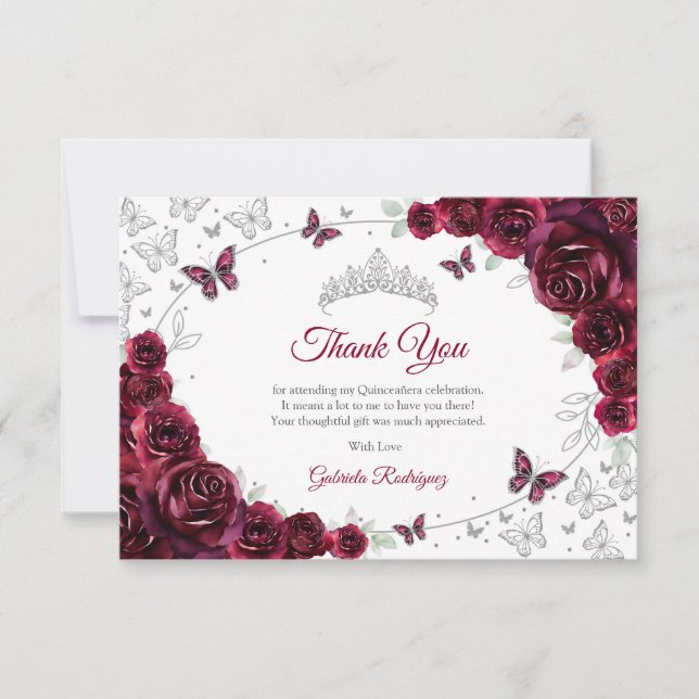 Burgundy Silver Floral Quinceanera Thank You Card (Front)