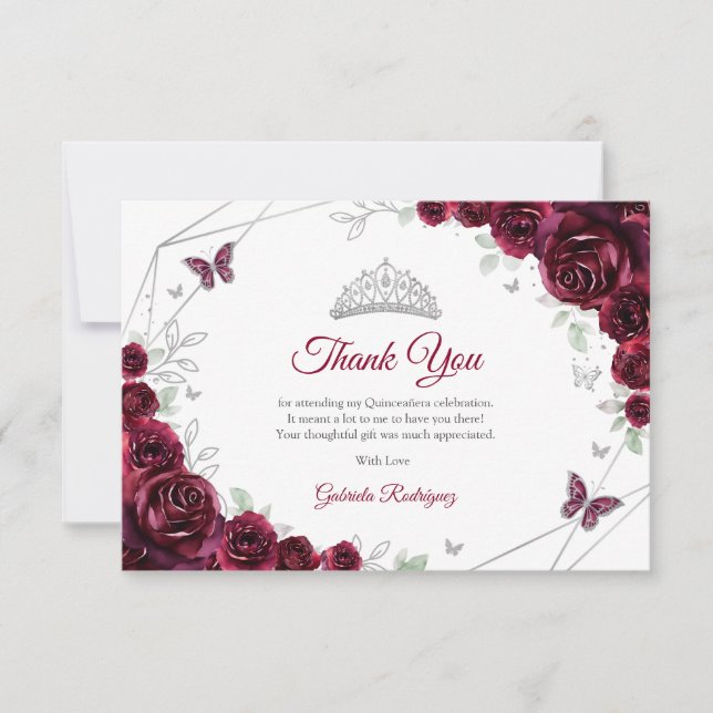 Burgundy Silver Floral Quinceanera Thank You Card (Front)
