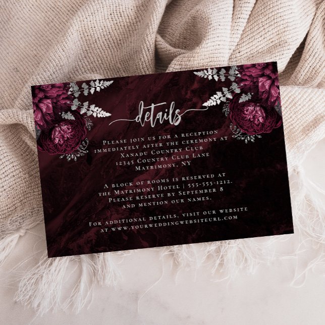 Burgundy Silver Floral Script Wedding Details Enclosure Card (Creator Uploaded)