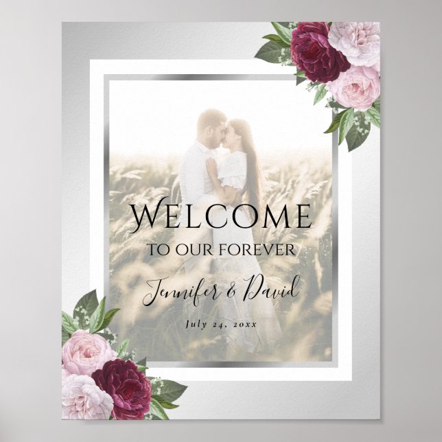 Burgundy Silver Floral Wedding Photo Welcome Sign (Front)