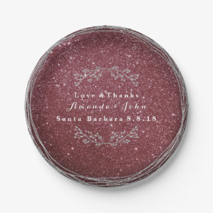 Burgundy Silver Floral Wreath Wedding Glitter Paper Plate