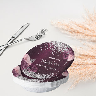 Burgundy silver florals birthday paper plate