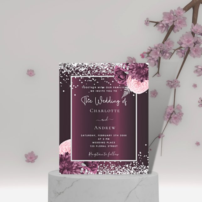 Burgundy silver florals budget wedding invitation flyer (Creator Uploaded)