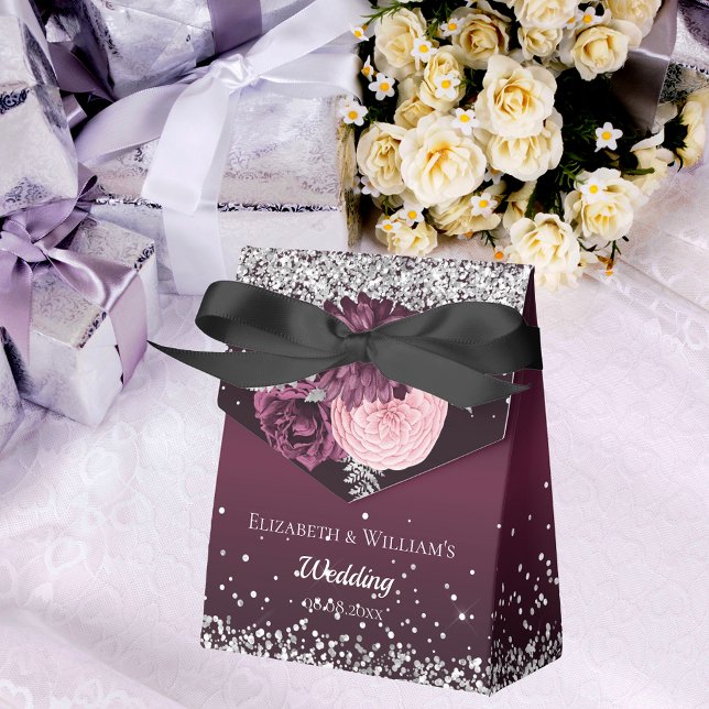Burgundy silver florals thank you wedding favour box (Creator Uploaded)