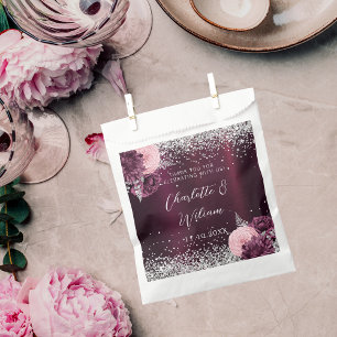 Burgundy silver florals wedding favour bags
