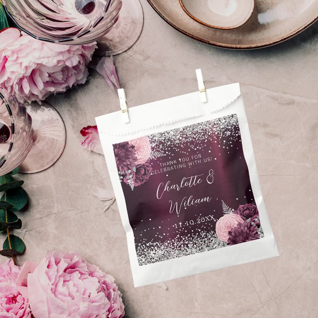 Burgundy silver florals wedding favour bags (Creator Uploaded)