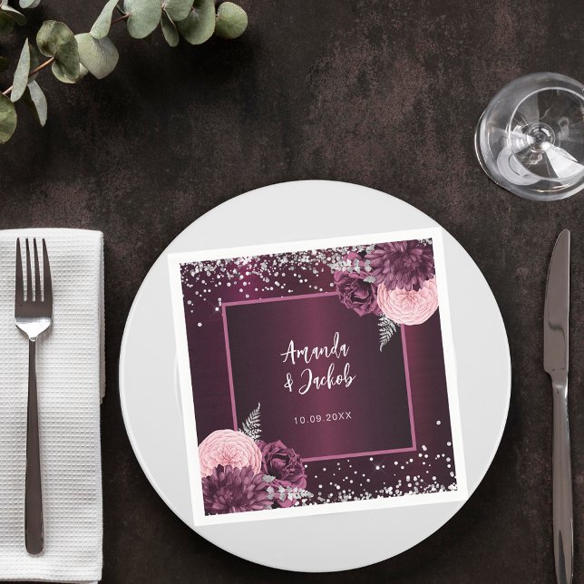 Burgundy silver florals wedding napkin (Creator Uploaded)