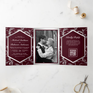 Burgundy Silver Flourish Swirl QR Code Wedding Tri-Fold Invitation