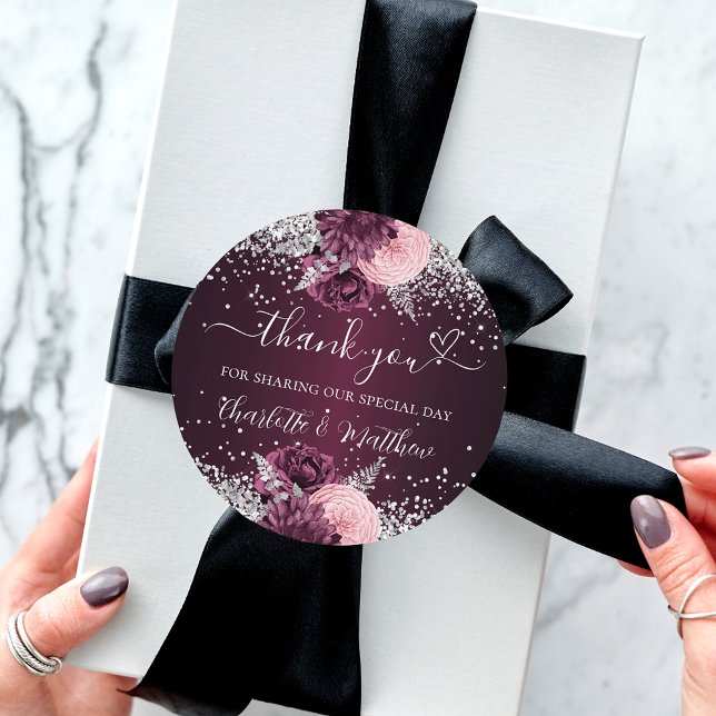 Burgundy silver flowers heart thank you wedding classic round sticker (Creator Uploaded)