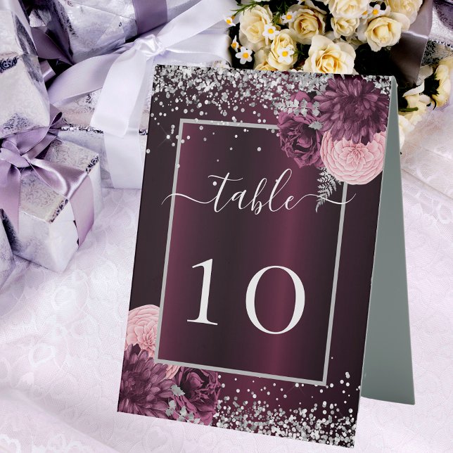 Burgundy silver flowers wedding table number (Creator Uploaded)