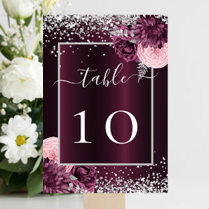 Burgundy silver flowers wedding table number