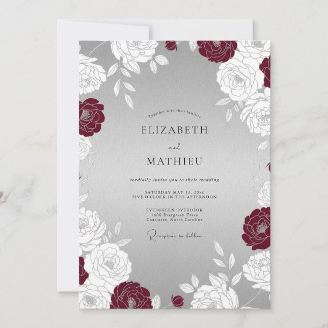 Burgundy Silver Formal Winter Wedding Invitation (Front)