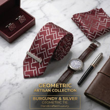 Burgundy & Silver Geometric Maze Men's Necktie