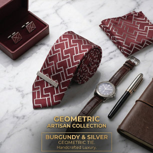 Burgundy & Silver Geometric Maze Men's Necktie