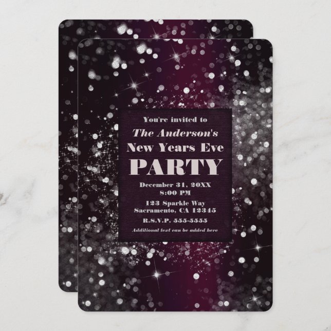 Burgundy Silver Glam Glitter New Years Eve Party Invitation (Front/Back)