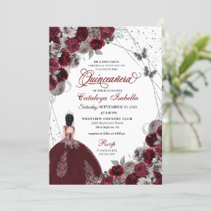 Burgundy Silver Glitter Butterfly  Quinceanera Invitation