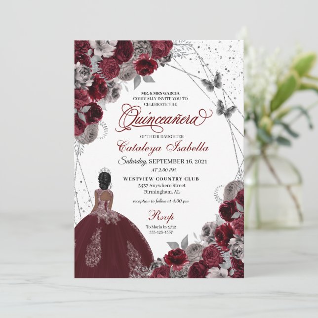Burgundy Silver Glitter Butterfly  Quinceanera Invitation (Standing Front)