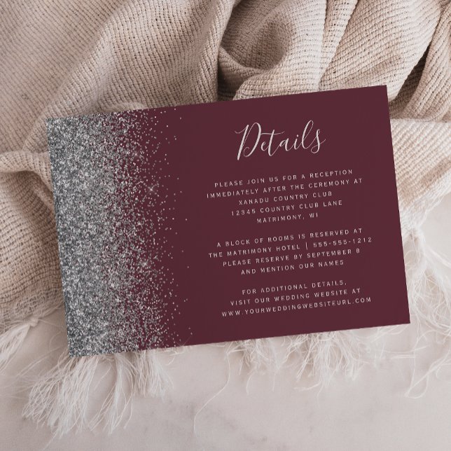 Burgundy Silver Glitter Edge Wedding Details Enclosure Card (Creator Uploaded)