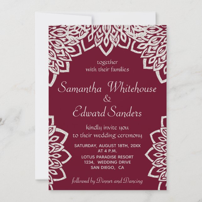 Burgundy Silver Glitter Elegant Wedding Invitation (Front)