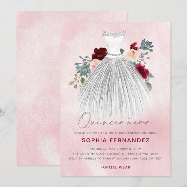 Burgundy Silver glitter Floral Dress Quinceañera Invitation (Front/Back)