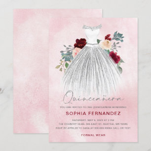 Burgundy Silver glitter Floral Dress Quinceañera Invitation
