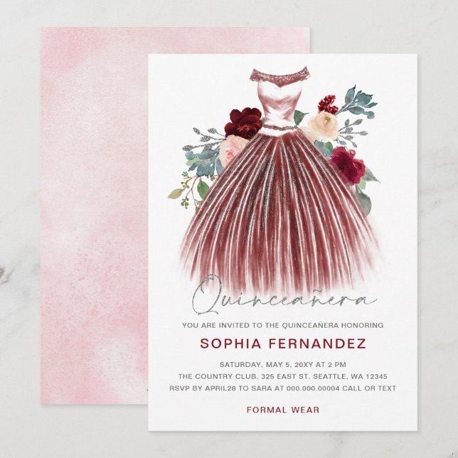 Burgundy Silver glitter Floral Dress Quinceañera Invitation (Front/Back)